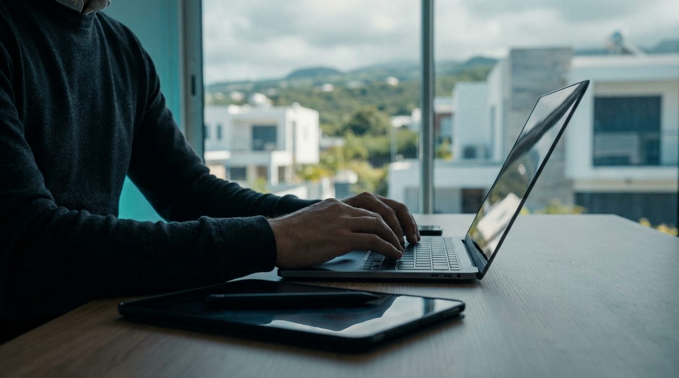 Agent immobilier qui travaille sur ordinateur et tablette, vue sur l'architecture de La Réunion